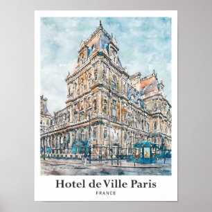 Hôtel de Ville Paris Reise Wasserfarbe Handgezeich Poster