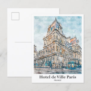 Hotel de Ville Paris Reisen Wasserfarben Handgezei Postkarte