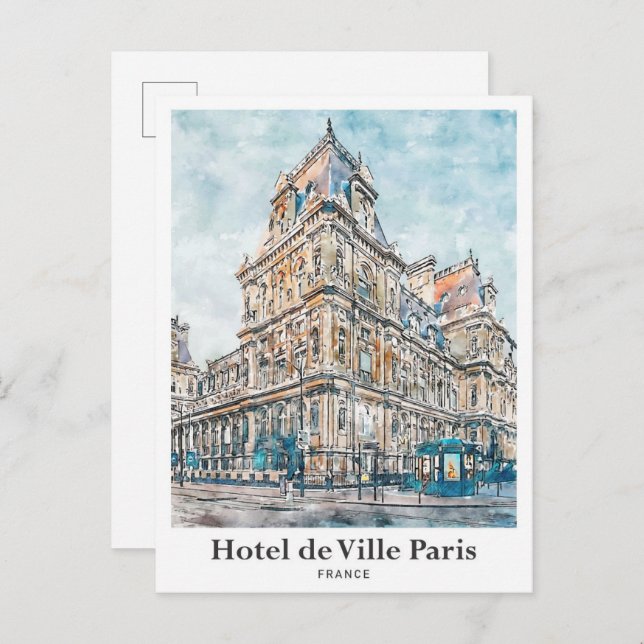 Hotel de Ville Paris Reisen Wasserfarben Handgezei Postkarte (Vorne/Hinten)
