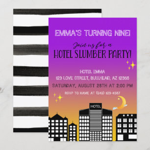Hotel-Skyline Mädchen-Pyjama-Party lila Ombre Einladung
