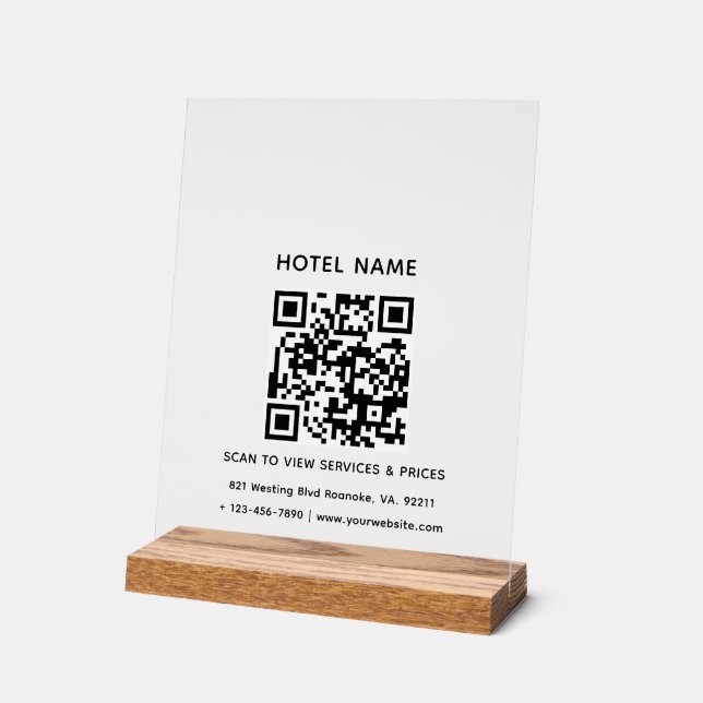 Hotelname Logo und QR Code Services Preise Details Acrylschild (Winkel)