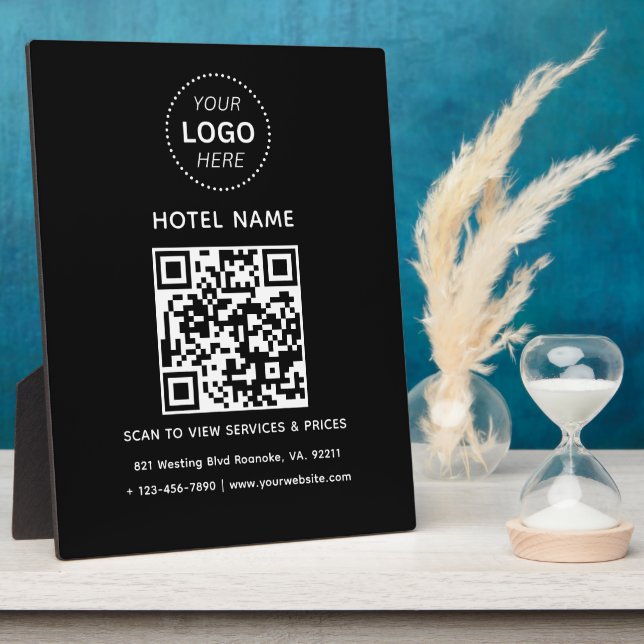 Hotelname Logo und QR Code Services Preise Details Fotoplatte (Seite)