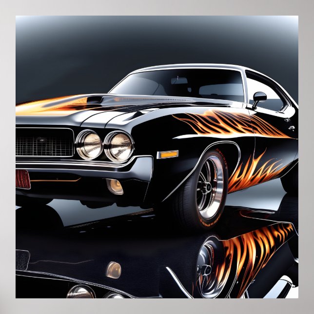 Hotrod Muscle Classic Car mit Flames Poster Print (Vorne)