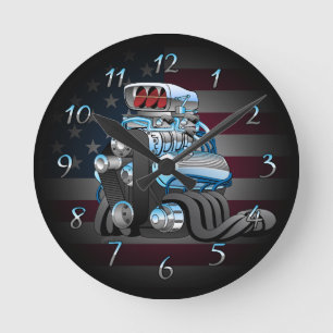 Hotrod Racing Car Motor Cartoon Illustration Runde Wanduhr