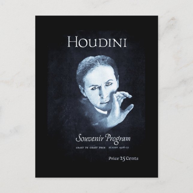 Houdini-Erinnerungsprogramm Tournee 1926-27 Postkarte (Vorderseite)