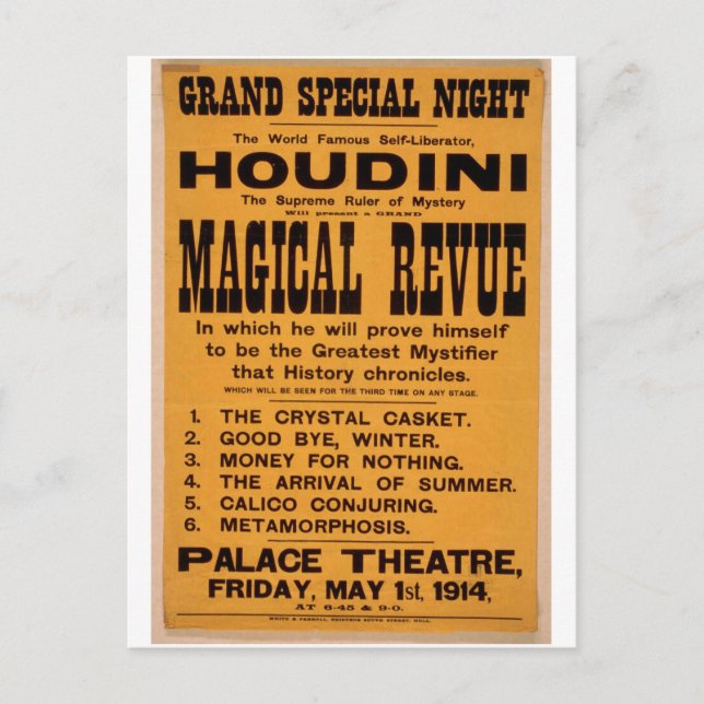 Houdini, Retro-Theater "Magical Revue" Postkarte (Vorderseite)
