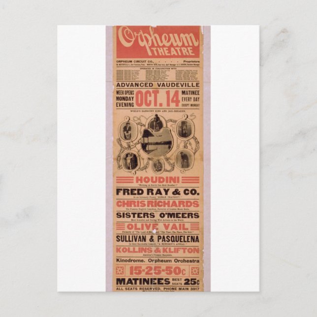 Houdini, Retro-Theater "Orpheuw" Postkarte (Vorderseite)