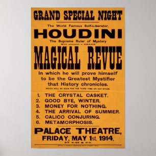 Houdinis Zauberrevue, 1914. Vintage Werbung Poster