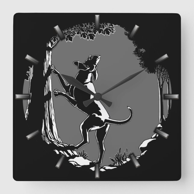 Hound Dog Clock Hunting Dog Art Wall Clock Quadratische Wanduhr (Vorderseite)