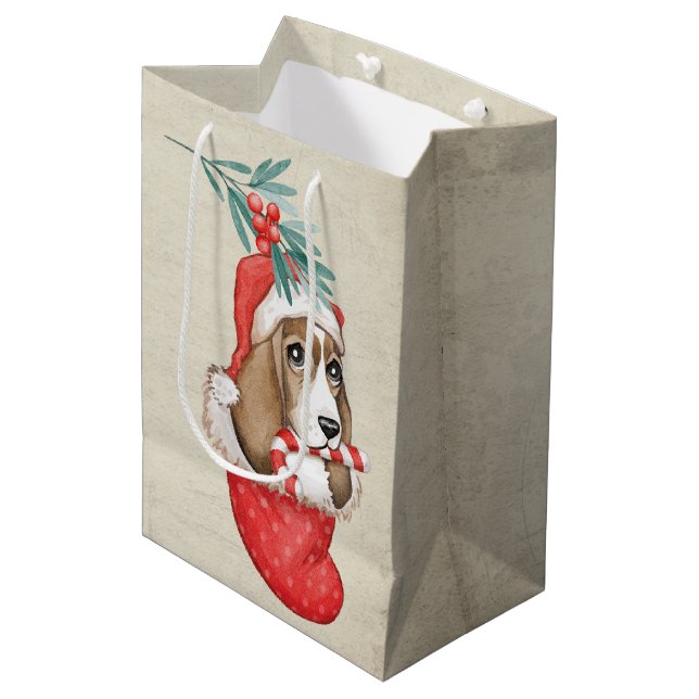 Hound Dog Weihnachten Mittlere Geschenktüte (Vorderseite Schrägansicht)