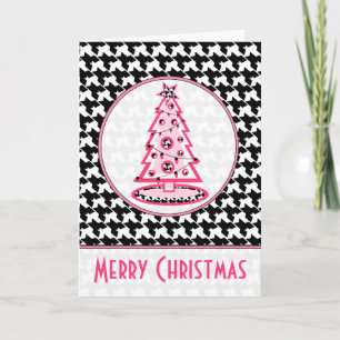 Houndstooth and Pink Christmas Tree Card Feiertagskarte