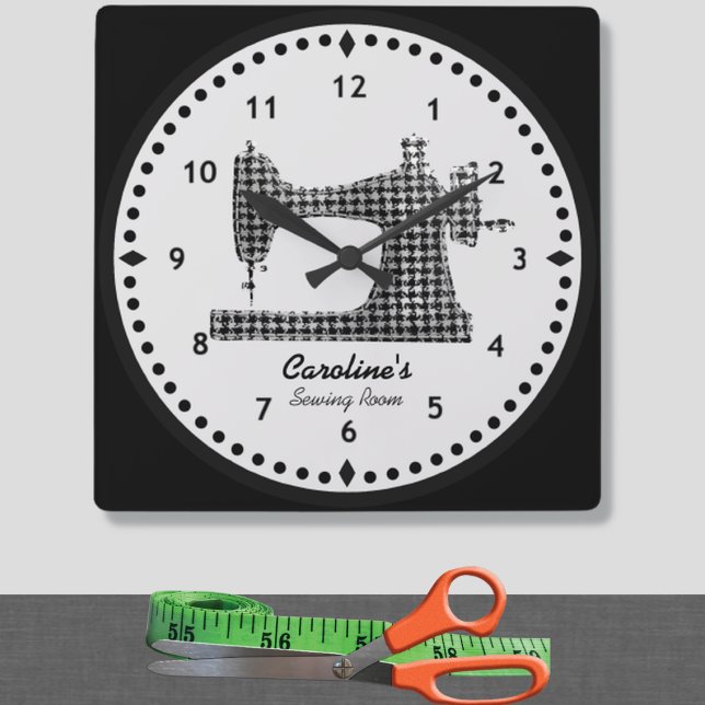 Houndstooth Check Sewing Machine Wall Clock Quadratische Wanduhr (Von Creator hochgeladen)