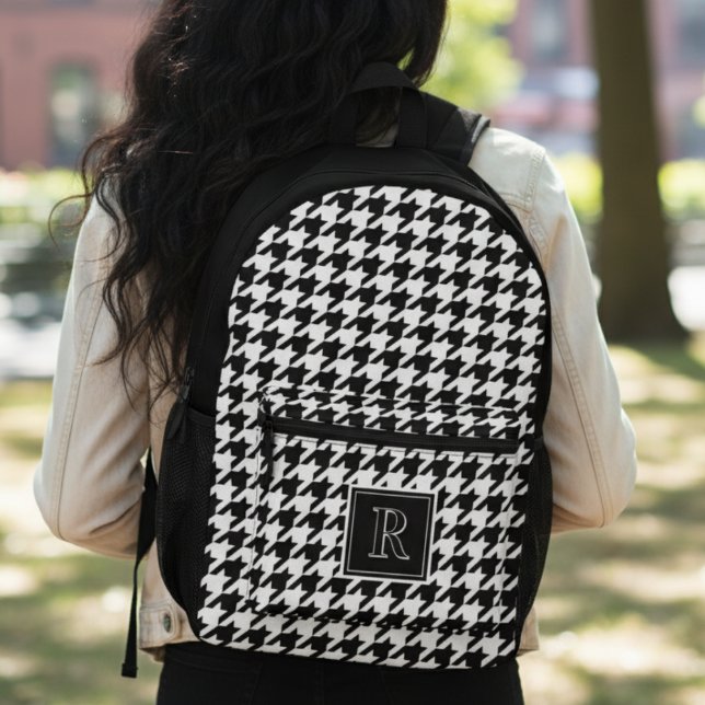 Houndstooth Schwarz-Weiß-Monogramm Bedruckter Rucksack (Houndstooth Black & White Monogram Christmas Printed Backpack
)