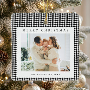 Houndstooth Schwarz-Weiß-Weihnachtsfoto Keramikornament