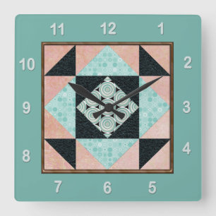 Hourglass Patch Quilt Block Türkis & Pfirsich Quadratische Wanduhr