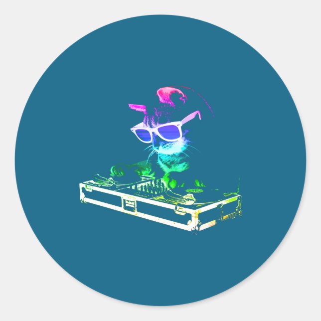 House Cat Rainbow Dj Cat  Runder Aufkleber (Vorderseite)