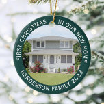 House Fotos First Xmas Neuer Zuhause Name & Year G Keramik Ornament<br><div class="desc">Feiern Sie die Freude an Ihrem neuen Ort mit einem maßgeschneiderten 2-Foto "Erste Weihnachten in unserer neuen Zuhause" grün-weiß runden Keramik Ornament. Aufnahme und Bilder auf dieser Vorlage sind einfach zu personalisieren. (IMAGE & TEXT DESIGN TIPS: 1) Um die Position der Formulierung anzupassen, fügen Sie Leerzeichen am Anfang oder Ende....</div>