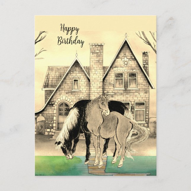 House Gold Asian Horses Green Yellow Tan | Postkarte (Vorderseite)