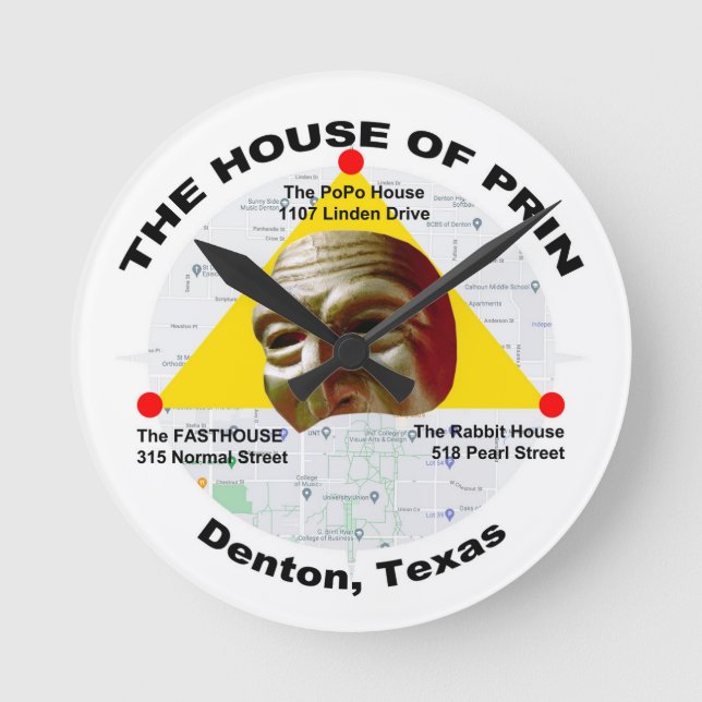 House of Prin Fasthouse Rabbits PoPo Denton Texas Runde Wanduhr (Vorderseite)