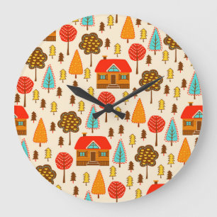 Houses Forest Vintag Nahtlos Muster Große Wanduhr