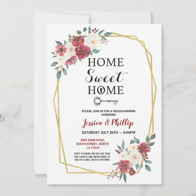 Housewarming-Party-Blumen-neues Zuhause-Haus-Rot Einladung (Vorderseite)