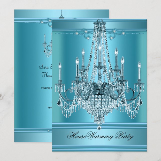HouseWarming Party Chandelier Rich Aquamarin Blue Einladung (Vorne/Hinten)