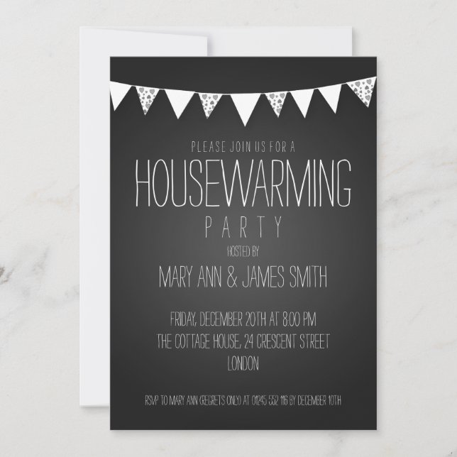 Housewarming Party Hearts Bunting Black Einladung (Vorderseite)