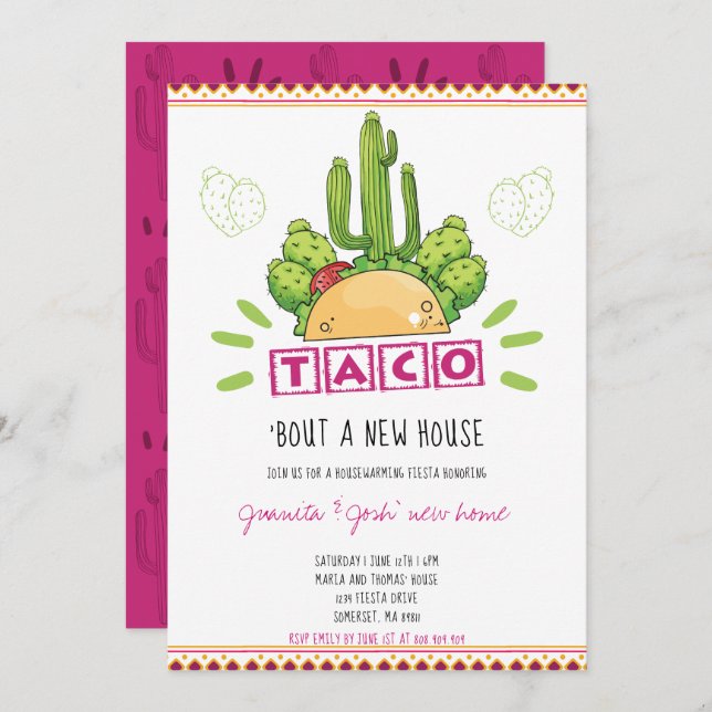 Housewärming Taco 'Bout A New Zuhause Fiesta Pink Einladung (Vorne/Hinten)