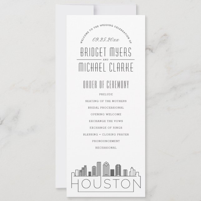 Houston | Modernes Hochzeitsprogramm für Deko Einladung (Vorderseite)