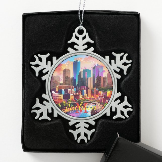 Houston Skyline Abstrakt Art Schneeflocken Zinn-Ornament (Box)