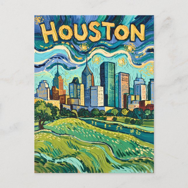 Houston Skyline Colorful Van Gogh Cityscape Postkarte (Vorderseite)