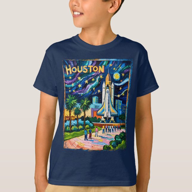 Houston Skyline Space Center Rocket Van Gogh Kids T-Shirt (Vorderseite)