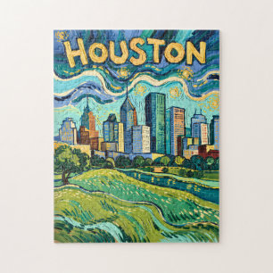 Houston Skyline Wahrzeichen Farbige Van Gogh Vinta Puzzle