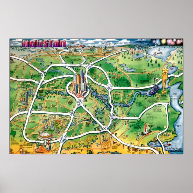 Houston Texas Cartoon Map Poster (Vorne)