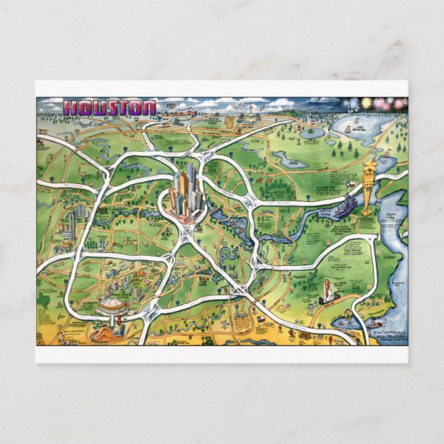 Houston Texas Cartoon Map Postkarte (Vorderseite)
