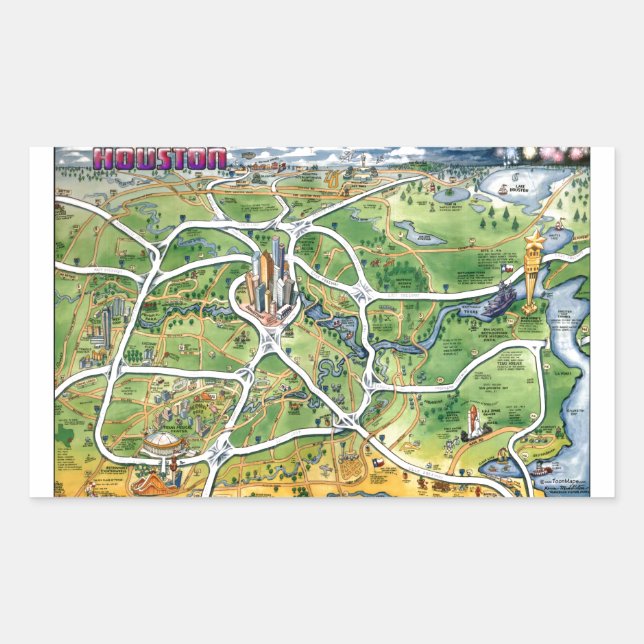 Houston Texas Cartoon Map Rechteckiger Aufkleber (Vorderseite)