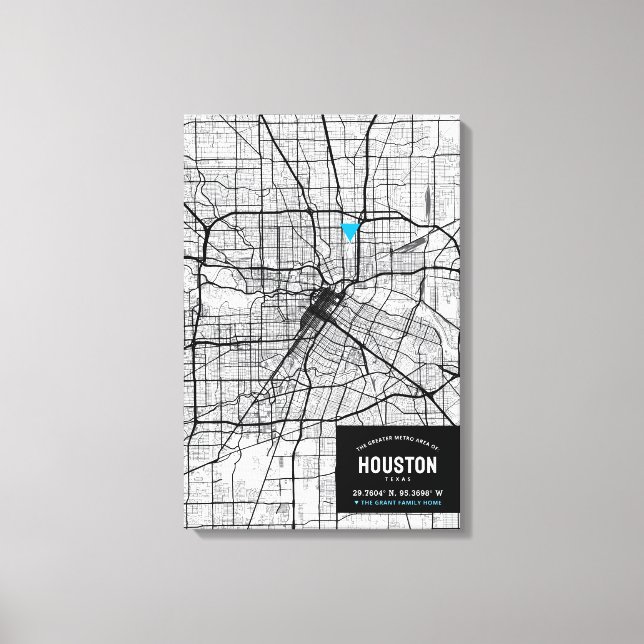 Houston, Texas City Map + Ihre Lage markieren Leinwanddruck (Vorderseite)
