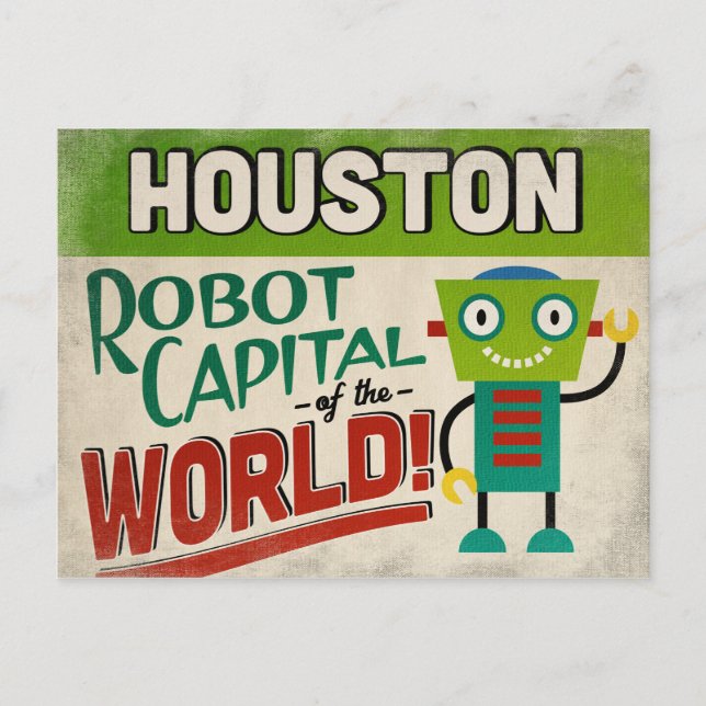 Houston Texas Robot - Funny Vintag Postkarte (Vorderseite)