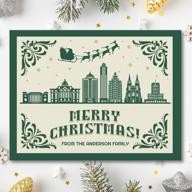 Houston, TX Skyline Weihnachtsfeiertag Postkarte (Houston, TX skyline christmas card green modern merry christmas postcard with custom details)