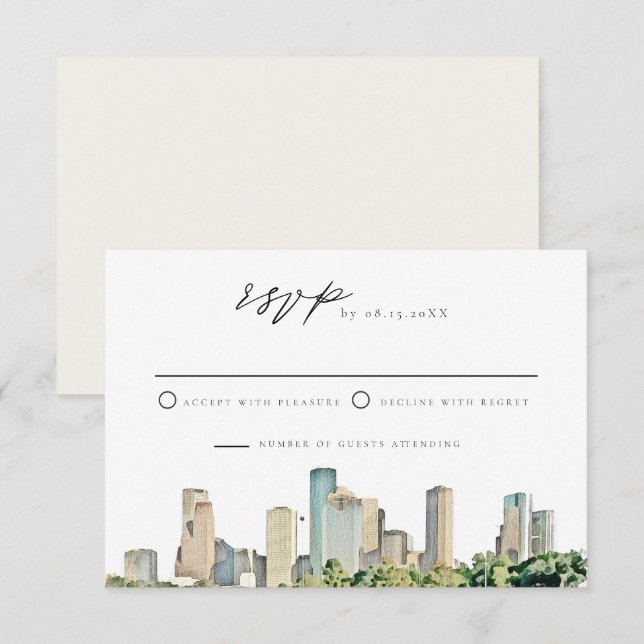 HOUSTON Watercolor Skyline Wedding RSVP Einladung (Vorne/Hinten)