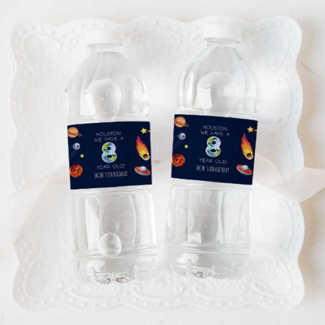Houston We Have A 8 Year Old 8th Birthday Party Wasserflaschenetikett (Von Creator hochgeladen)