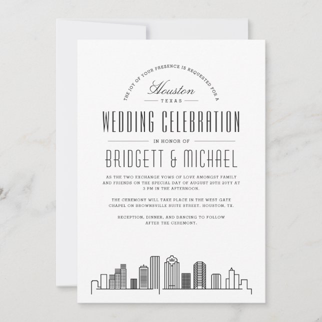 Houston Wedding | Moderner Deko Skyline Einladung (Vorderseite)