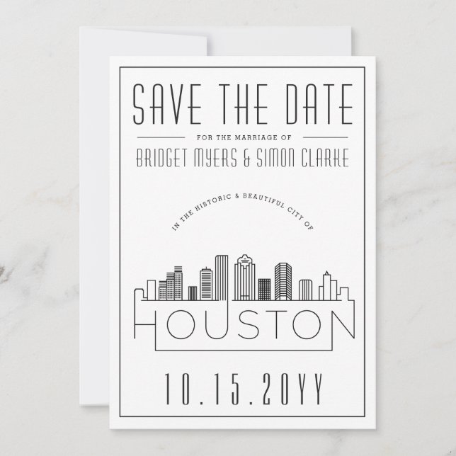 Houston Wedding | Stilisierte Skyline Save the Dat Einladung (Vorderseite)