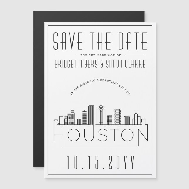 Houston Wedding | Stilisierte Skyline Save the Dat Magneteinladung (Vorne/Hinten)