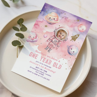 Houston, wir haben ein einjähriges pinkfarbenes Fo Einladung