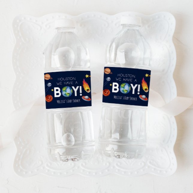 Houston, wir haben eine junge Galaxy Baby-Dusche Wasserflaschenetikett (Von Creator hochgeladen)