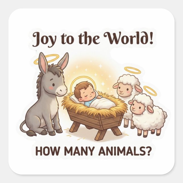 How Many Animals? – Cute Nativity Christmas Quadratischer Aufkleber (Vorderseite)