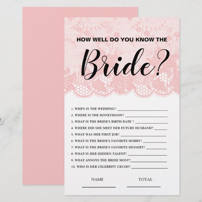 How well know the Bride Pink Lace Bridal Game (Vorne/Hinten)