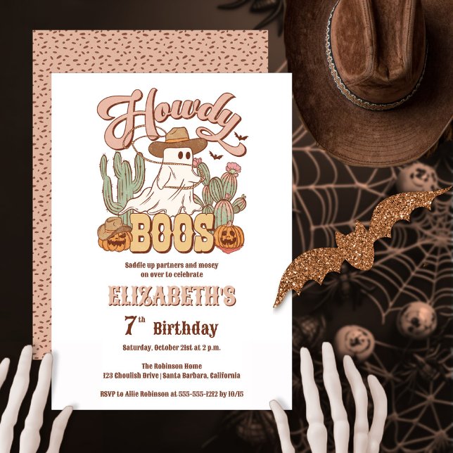 Howdy Boos Ghost Halloween Geburtstagsparty Einladung ("Howdy Boos" Halloween western-themed girl's birthday party design)