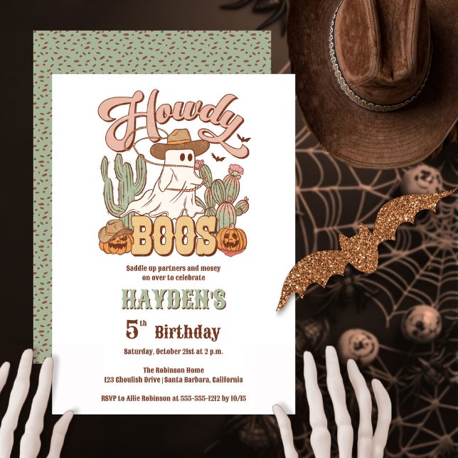 Howdy Boos Ghost Halloween Geburtstagsparty Einladung ("Howdy Boos" Halloween western-themed gender-neutral birthday party design)